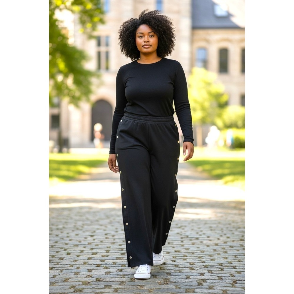 (H-227) Peace Love World Black Wide Leg Pants Womens Elastic Waist Snap Side QVC